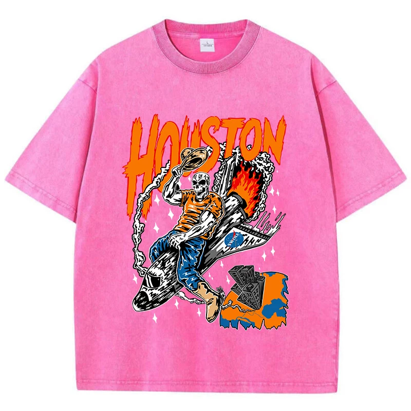 Casual Womans Acid Wash T-Shirts Houston Skeleton Manga Prints Tops Distressed Crewneck Oversize Cotton Tee Shirts Trend Clothes