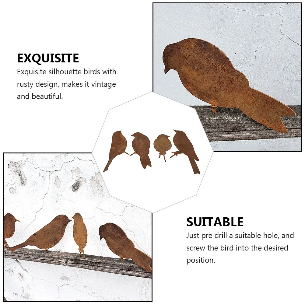 4Pcs Rusty Bird Silhouettes Metal Stakes Garden Ornament Patina Birds for Yard Tree Fence Inserts Rusty Bird Silhouettes