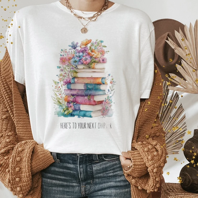 Short Sleeved Floral Book Printed Pattern Top T-Shirt Cute 90s Fashion Plus Size Simple Casual Women's Trendy Versatile T-Shirt