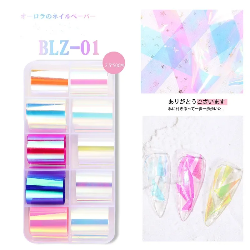 10 Stks/doos Nagelfolie Stickers Transparant Glas Papier Gel Manicure Decoraties Holografische Glas Nail Art Sticker Spiegel Aurora