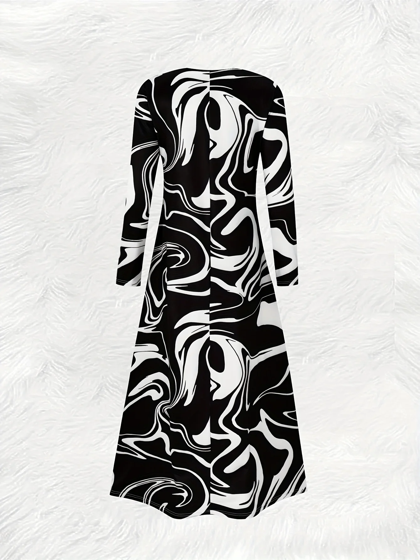 Printed Design Black White Marble Swirl Print Round Neck Long Sleeve Maxi Dress view 2