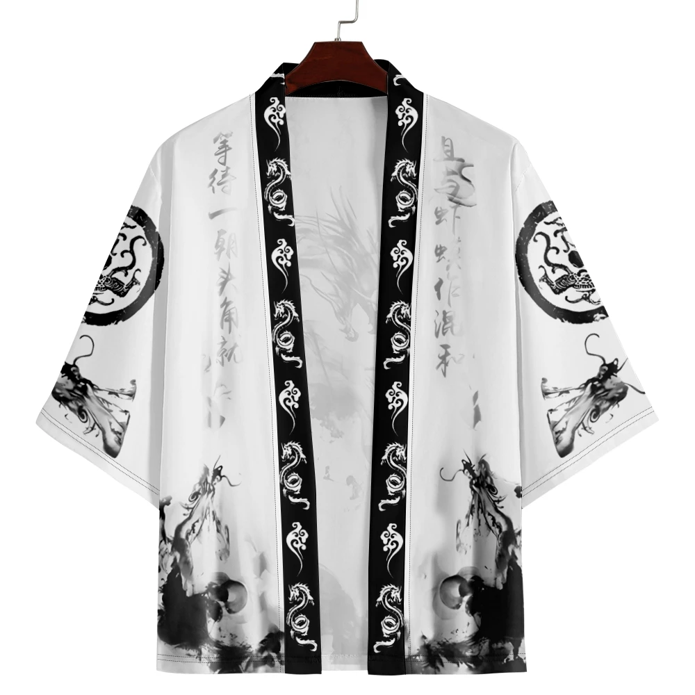 

Лето 2022, мужское белое кимоно с принтом самурайского дракона, японское кимоно хаори, большой кардиган, халат для косплея, уличная одежда, топы