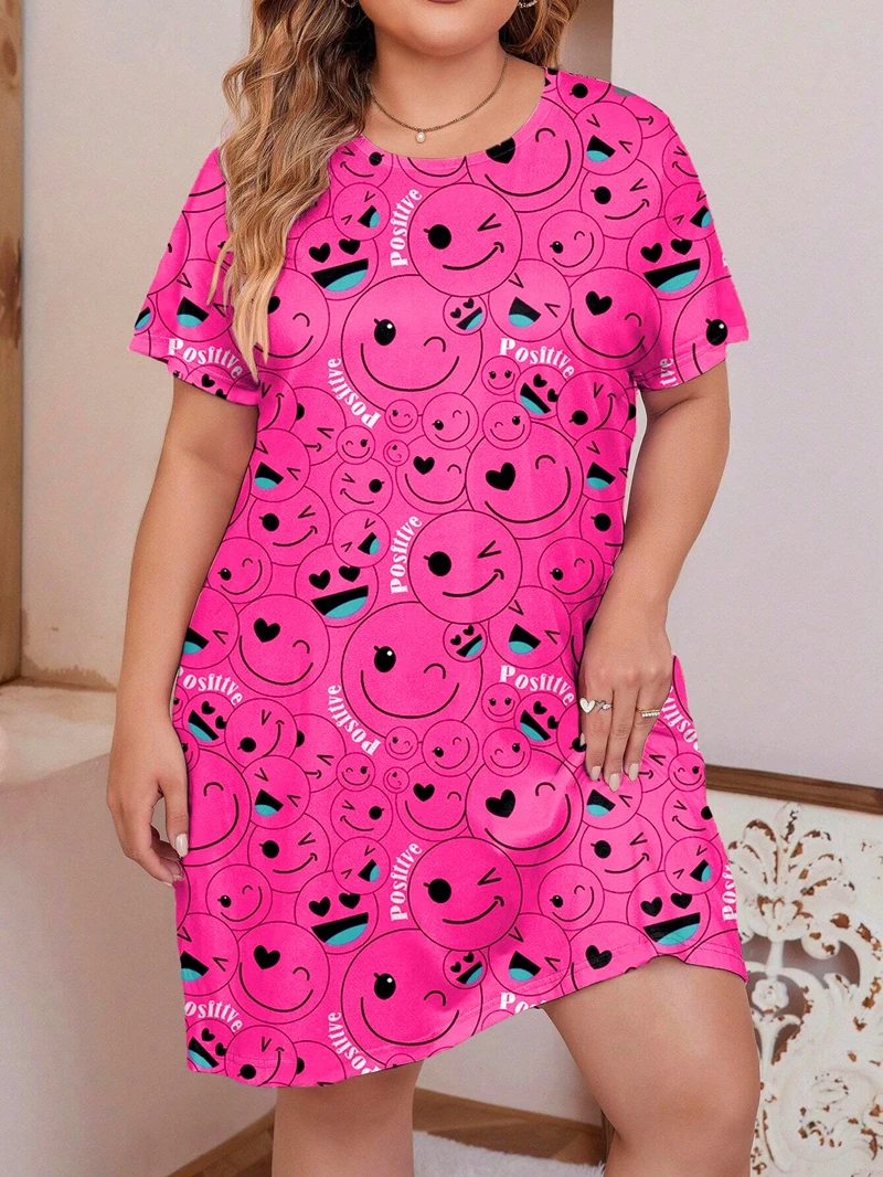 Camisón elegante con estampado de mariposas, talla grande, manga corta, cuello redondo, vestido camisero, tela transpirable, ropa de dormir para mujer