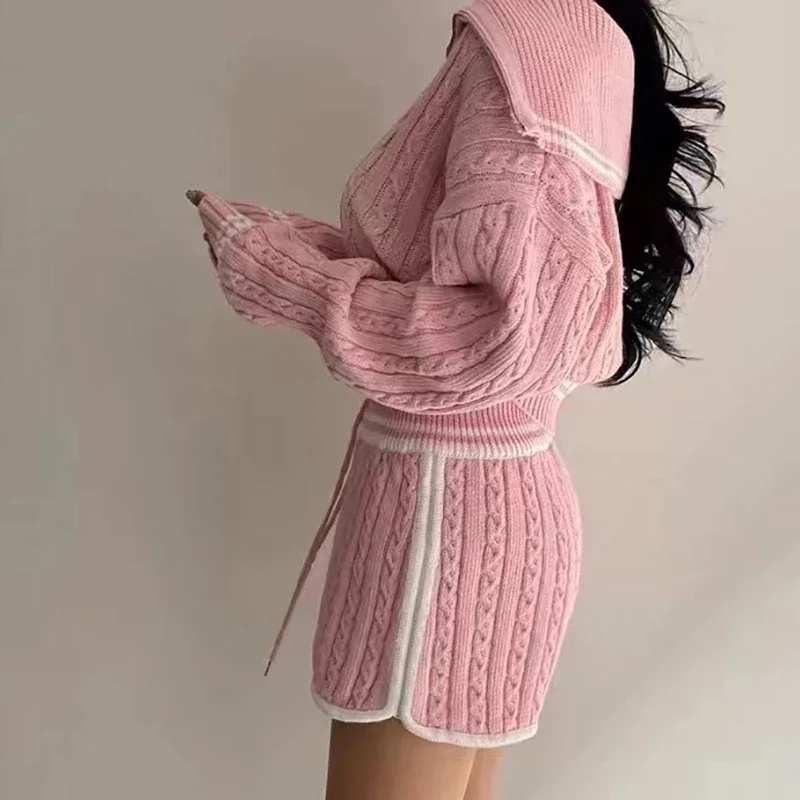 Women Ribbed Polo Neck Pullovers And High Waist Drawstring Shorts Set Two Pieces Casual Office Suit For Women Autumn Winter