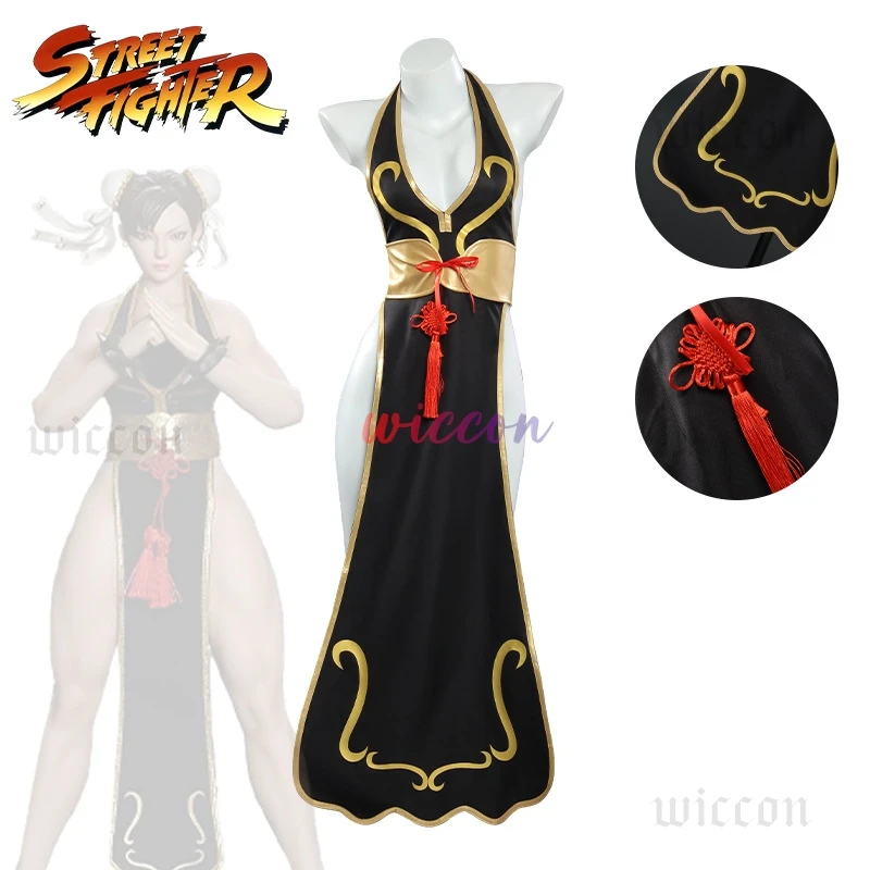 Chun Li Game Street Cosplay Costume Black Battle Dress Fighter Chinese Style Cheongsam Woman Adult Wig Blue Halloween Party