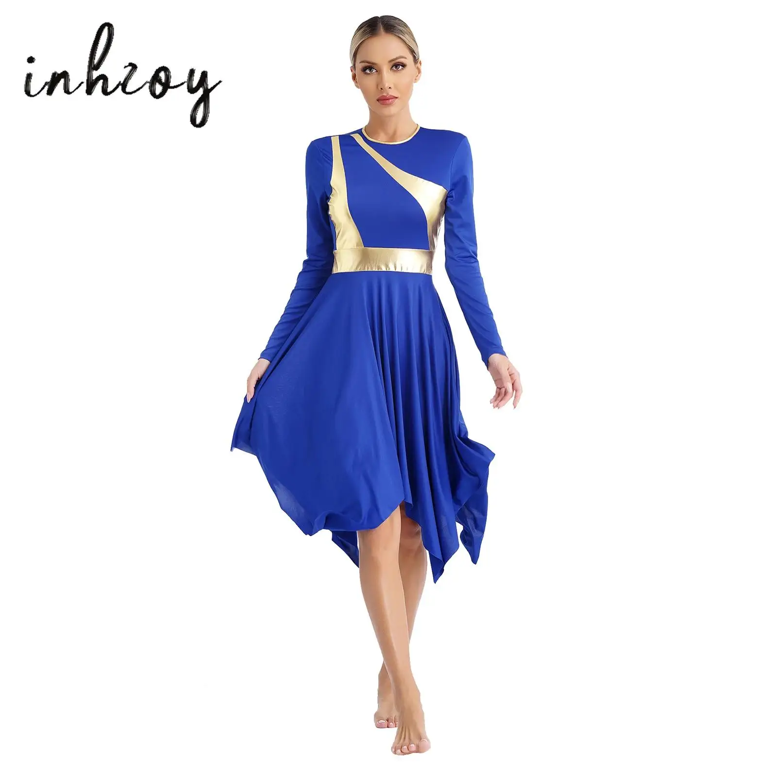 

Women's Worship Praise Liturgical Dress Gown Sleeveless Metallic Color Block Patchwork Dresses Lyrical Dance Costume Dancewear