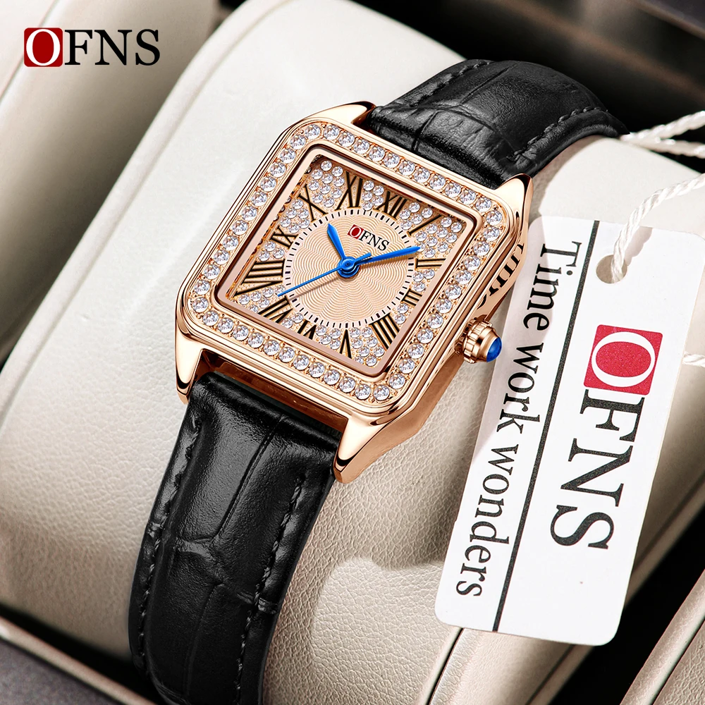 OFNS 2024 Hot Selling Women's Quartz Square Roman Scale Quartz Watch with Diamond Set Fashion Waterproof Watch 1518