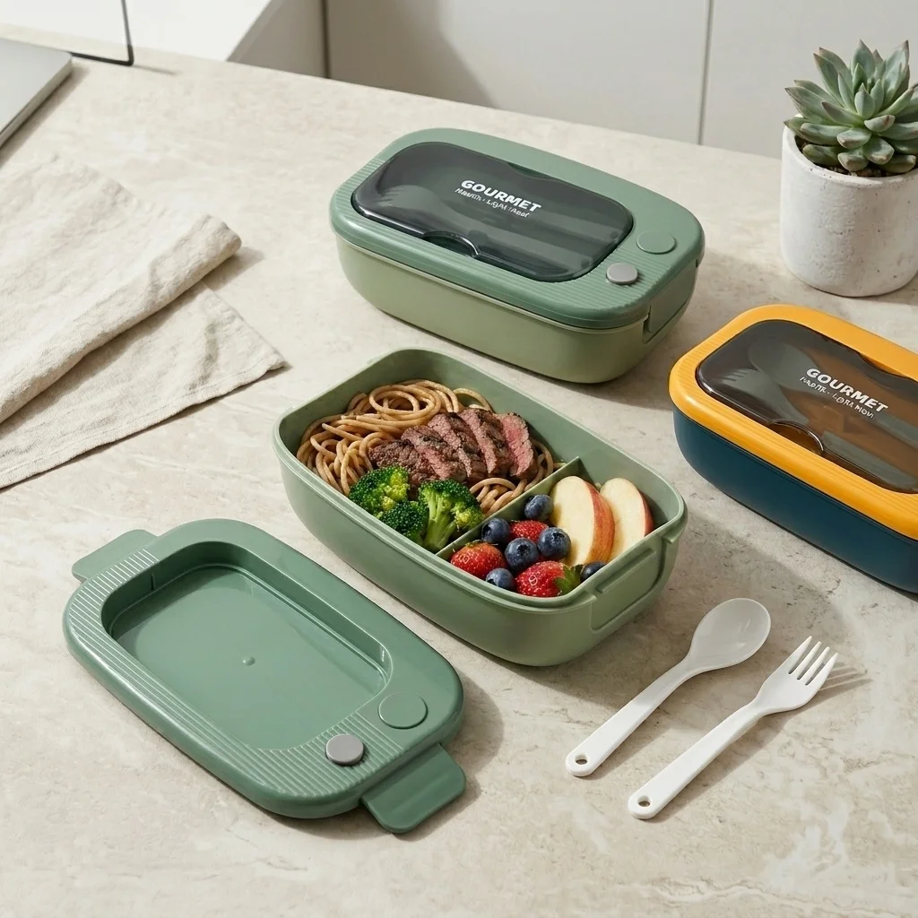 Microwavable Plastic Bento Box Adult Kids Lunch Box 2 Compartment Meal Prep Food Storage Containers with Lids Cutlery Airtight