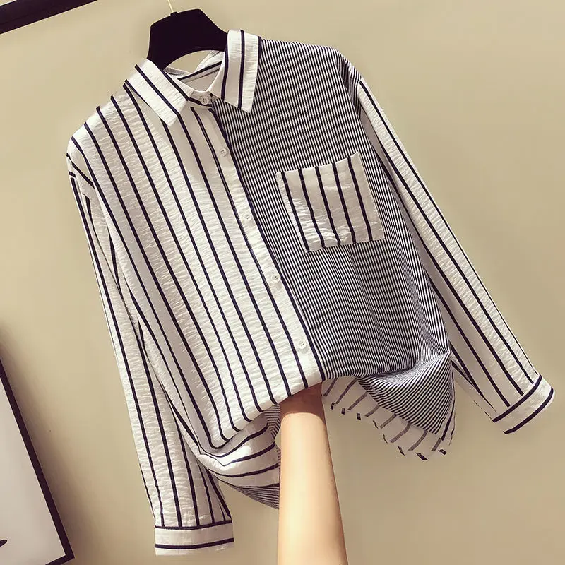 Korean Clothing Fashion Women Oversized Stripe Shirt Spring Autumn Pretty Office Lady Basic Casual Spliced Long Sleeve Blouses