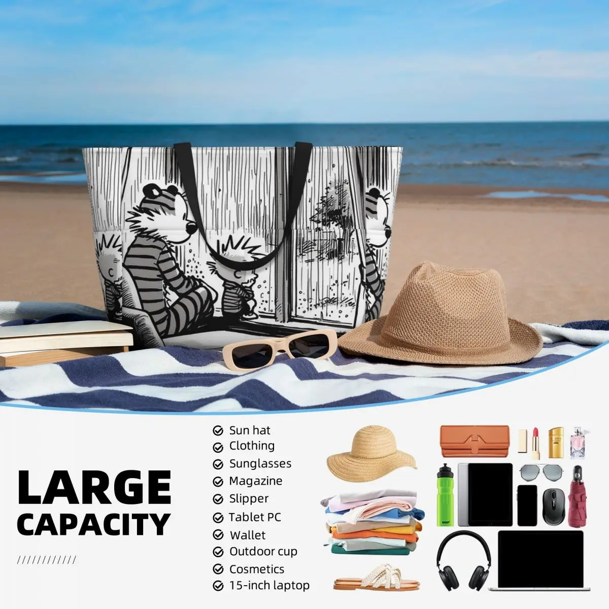 กระเป๋าโท้ทลายคาลวินแอนด์ฮอบส์ ดีไซน์คลาสสิก เหมาะสำหรับใส่ของไปเที่ยวทะเล เล่นกีฬา ออกกำลังกาย โยคะ กระเป๋าเดินทางสำหรับผู้หญิง กระเป๋าฟิตเนส