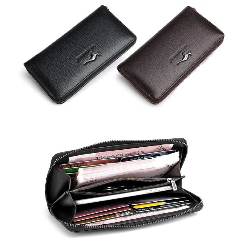 Men's Genuine Leather Cowhide Long Wallet Clutch Card Holder with Mobile Pocket Handbag for Male