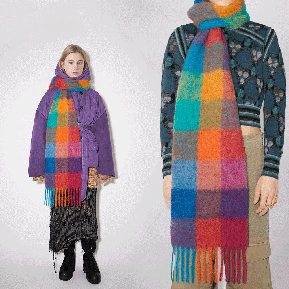 

Korean plaid scarf with a soft atmosphere, new imitation cashmere mohair fur, autumn and winter women's warm shawl scarf