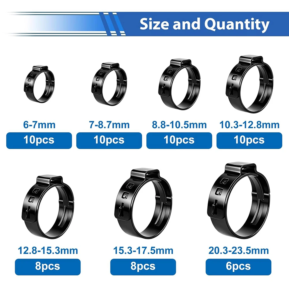 62 Piece 304 Stainless Steel Black Single Ear Hose Clamp Kit 7 Sizes 6mm 7mm 8.8mm 10.3mm 12.8mm 15.3mm 20.3mm