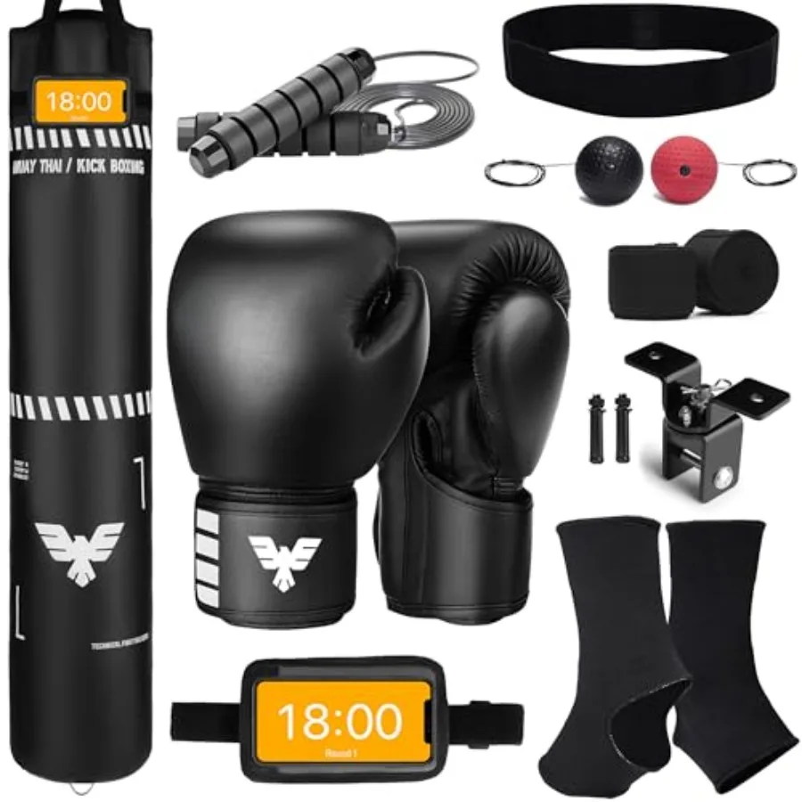 Muay Thai training: 6 ft tall heavy bag set for kickboxing and MMA unfilled 100 lbs canvas bag with black gloves and white hand