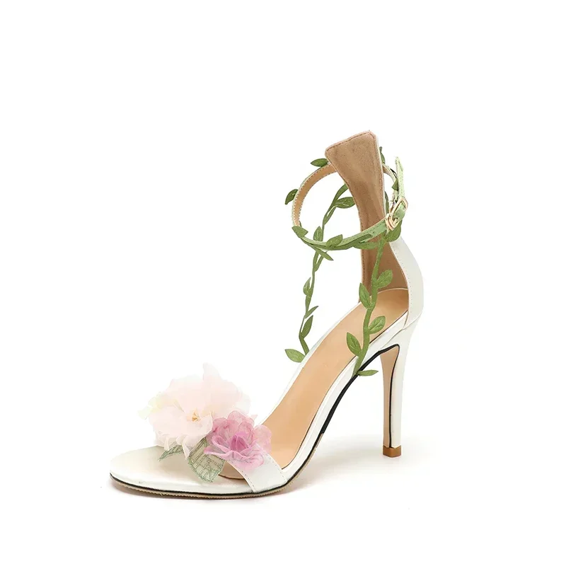 Wedding Shoes 2024 New Pink Countryside Chiffon Flower Fantasy High Heels, Straight Vine Strap Sandals for Women