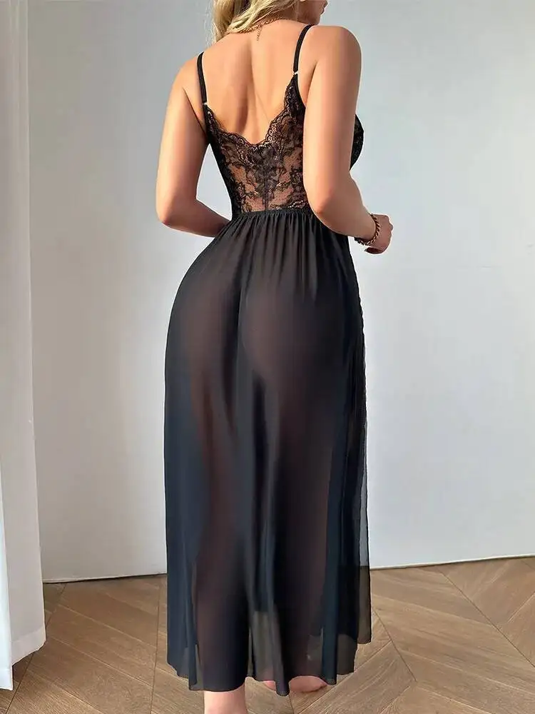 Sexy Erotic Nightdress for Women Lace Temptation Strap Dress Nightgown Sheer Dress Long Dress R5EL