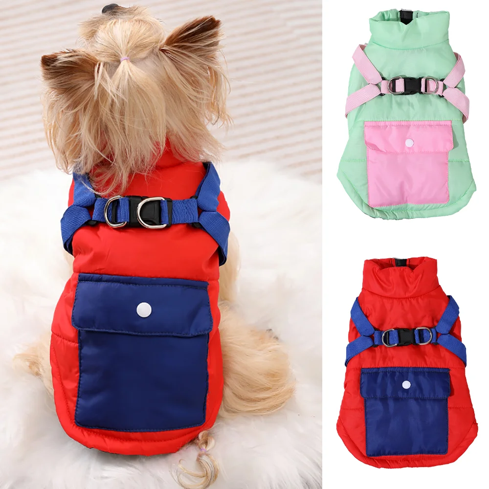Herbst-Winter-Hundejacke für kleine Hunde und Katzen, winddichte, warme Welpenweste mit Gurt und Tasche, Yorkie-Outfit, Bekleidung