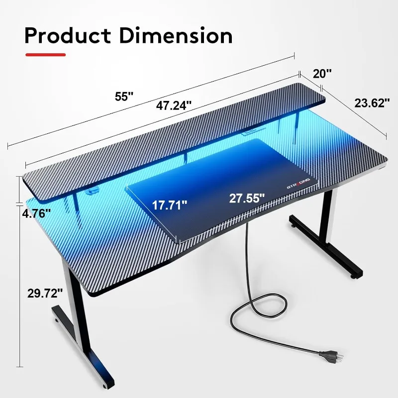 Meja Gaming 55 inci, Meja Gamer komputer dengan dudukan Monitor, meja Gaming permukaan serat karbon ergonomis