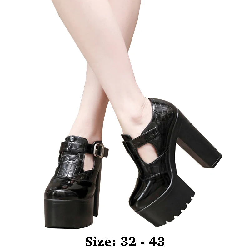 

High quality print leather shoe for women 14cm high heel platform round toe 32 33 34 elegant fashion autumn shoe black white red