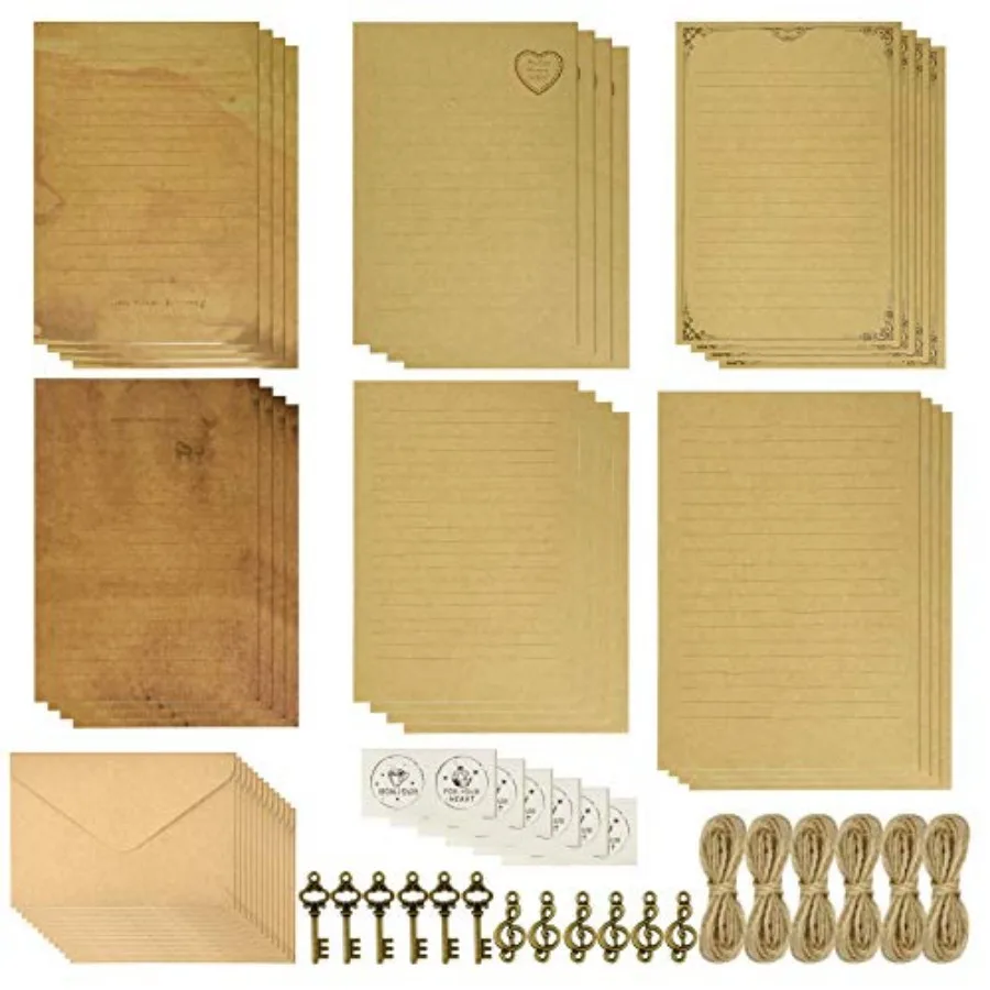 

6 Set Vintage Stationary Paper and Envelopes Set, 24 Sheets of Vintage Letter Papers, 12 Envelopes, 12 Hemp Ropes, 12 Retro Key