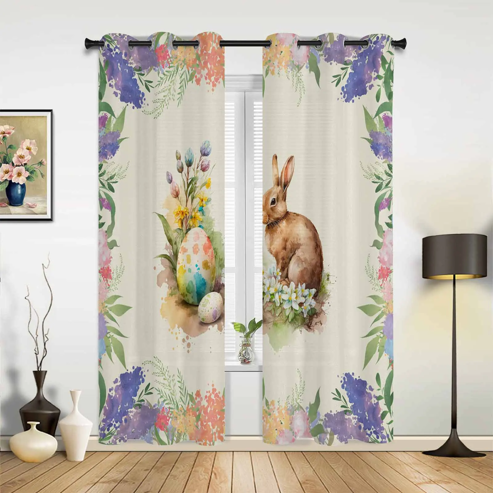 Easter Bunny Eggs Flowers Window Curtains for Living Room Bedroom Curtain Modern Kitchen Blinds Drapes Curtains