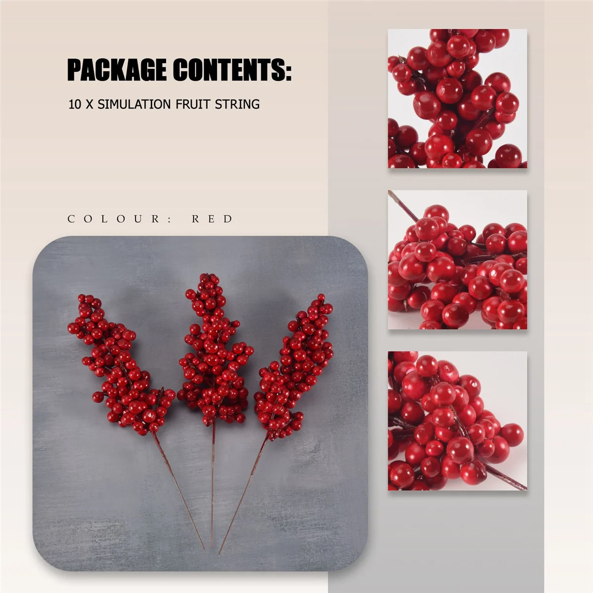 10 Uds. De bayas rojas artificiales, ramas decorativas con bayas rojas, ramas de otoño, selecciones de Navidad, ramas de bayas