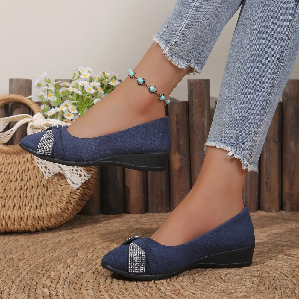 Damen-Keilabsatzpumps mit Strass-Schleife, geschlossener Zehenbereich, Slip-On-Plattform, dicker Absatz, lässige Damenschuhe, große Größen – Detail 8