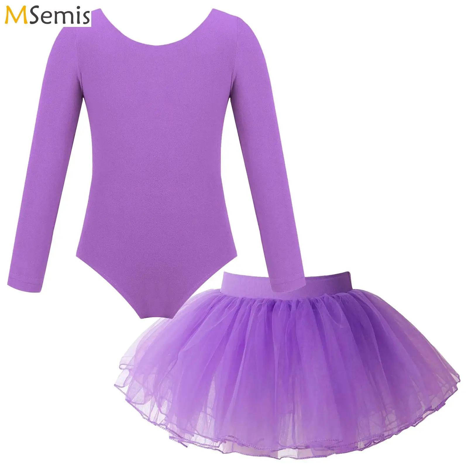 Girl Ballet Dance Leotard Long Sleeve Gymnastics Leotard+Tulle Tutu Skirt Outfit Kid Dance Training Workout Performance Bodysuit