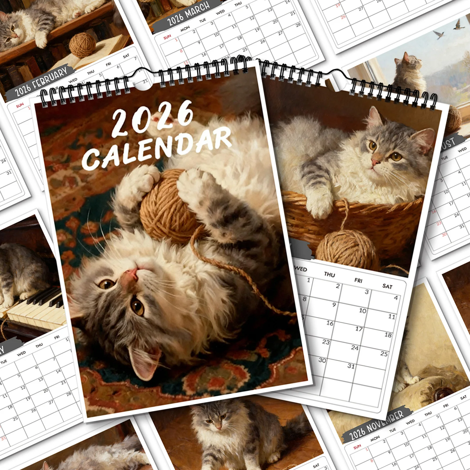 ปฏิทินแบบเกลียว 1 ชิ้น ปี 2026 ลายแมวเล่นกับลูกบอลไหมพรม เหมาะสำหรับวางบนโต๊ะในห้องนอนที่บ้าน ของขวัญที่อบอุ่นใจ เหมาะสำหรับมอบเป็นของขวัญในวันหยุด