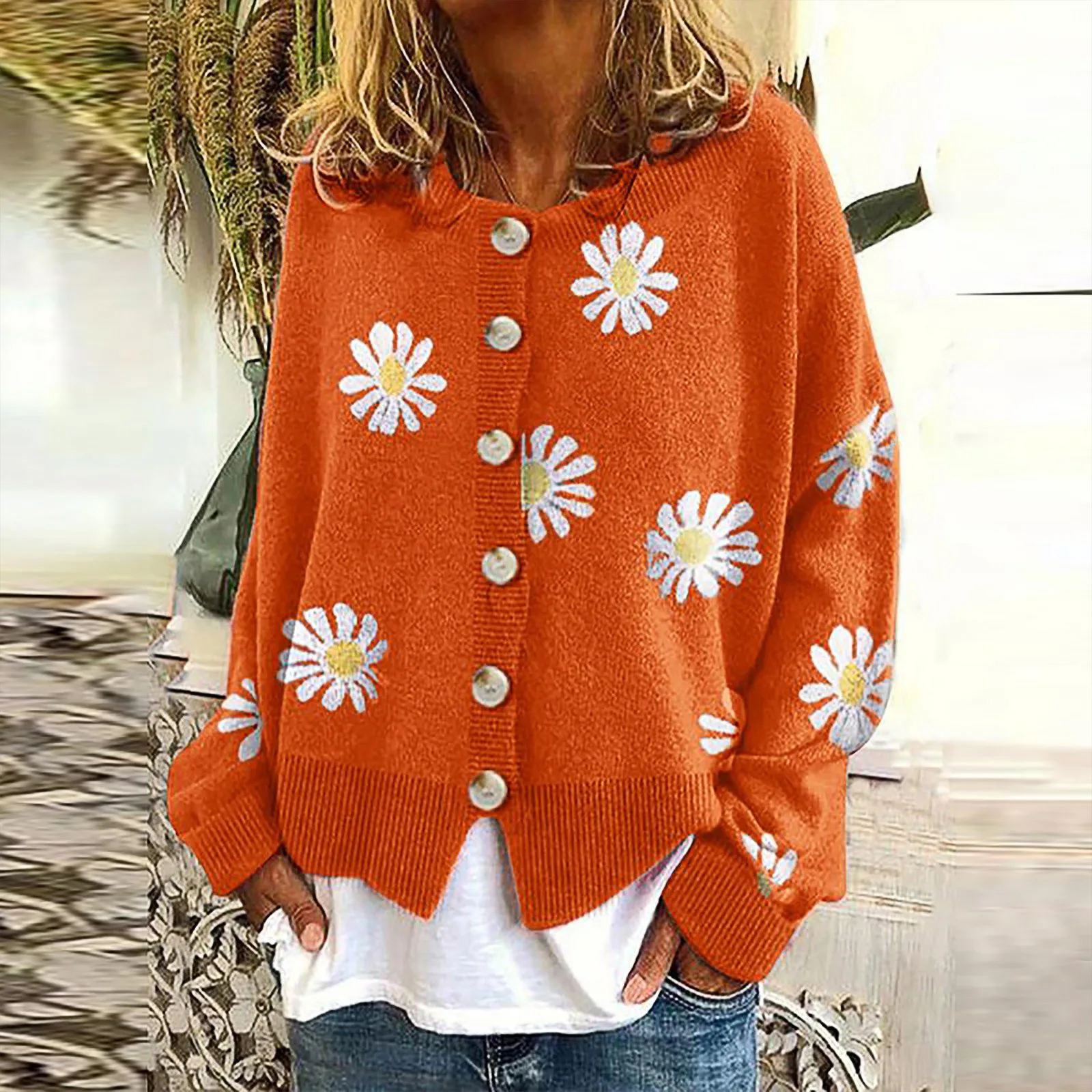 Women Daisy Embroidery Cardigan Cropped Knitted Sweater Single Breasted Full Sleeve V-Neck Autumn Outwear Cardigan Floral