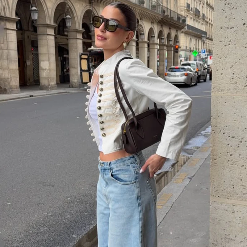TARUXYStylish Single-Breasted Loose Jacket Women Stand-Collar Long-Sleeved Splicing High-Street Jacket Spring Autumn Street Coat