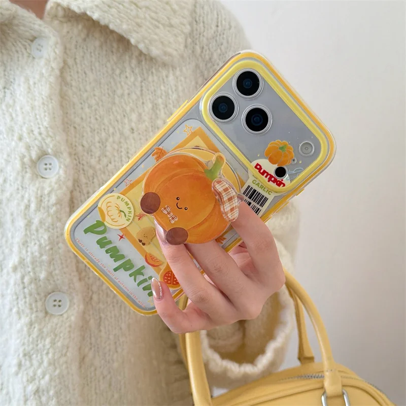 Kawaii Cartoon Pumpkin Magnetic Phone Case For iPhone 17 Pro 16 15 14 Pro Max Cover with Magsafe Stand Holder Cute Cases Funda