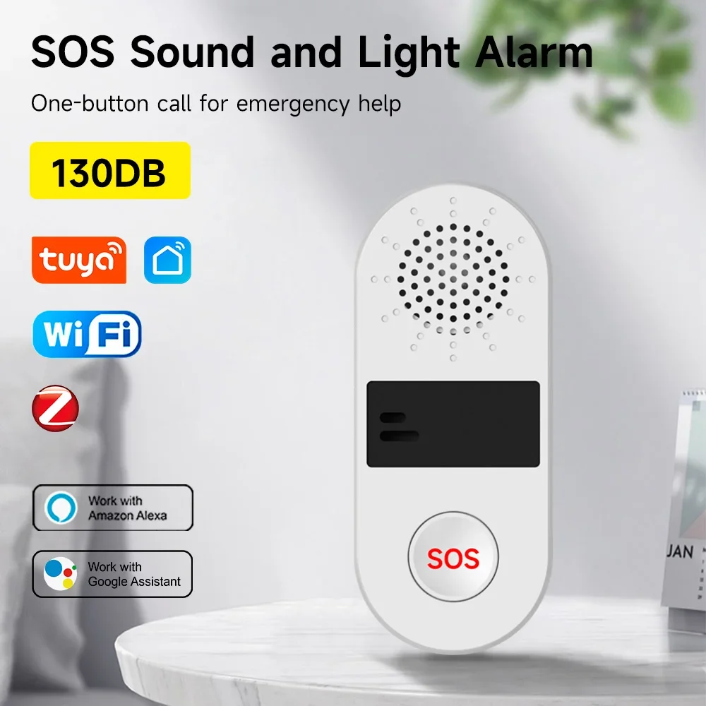 Tuya WiFi 130dB Smart SOS Sound and Light Alarm One-Button Call for Emergency Help App Remote Control Home Alarm Security System