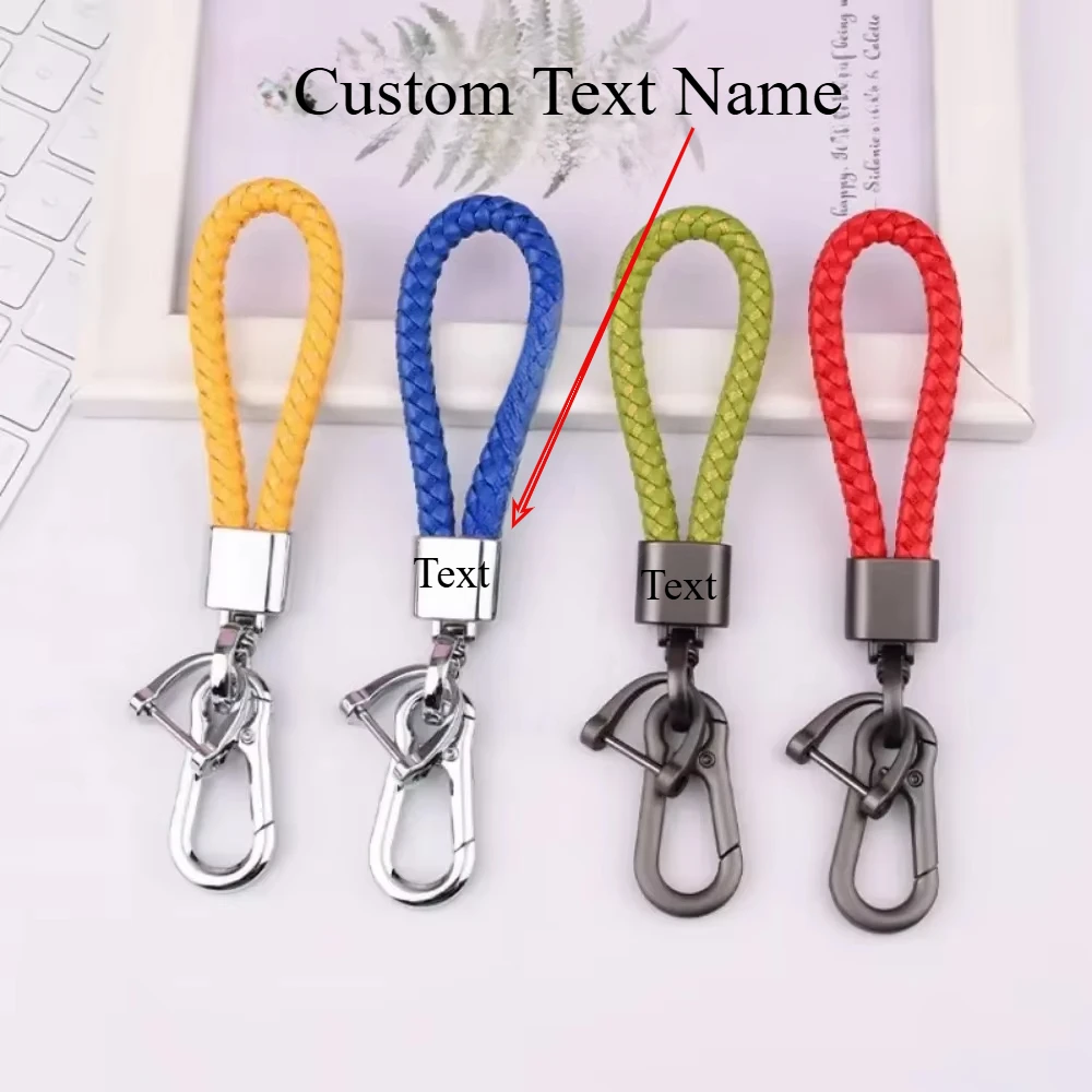 

Creative Idea Weave Leather Keychain Custom Logo Name Keyring Metal Color Alloy Car Moto Upscale Key Chain Ring Lovers Gift