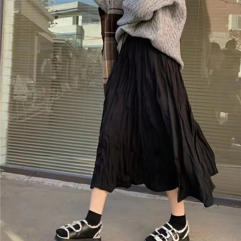Spring Autumn White Pleated Midi Skirt Women's A-Line High Waist Slim Straight Fairy Skirt Commute Style High Waist Pleated