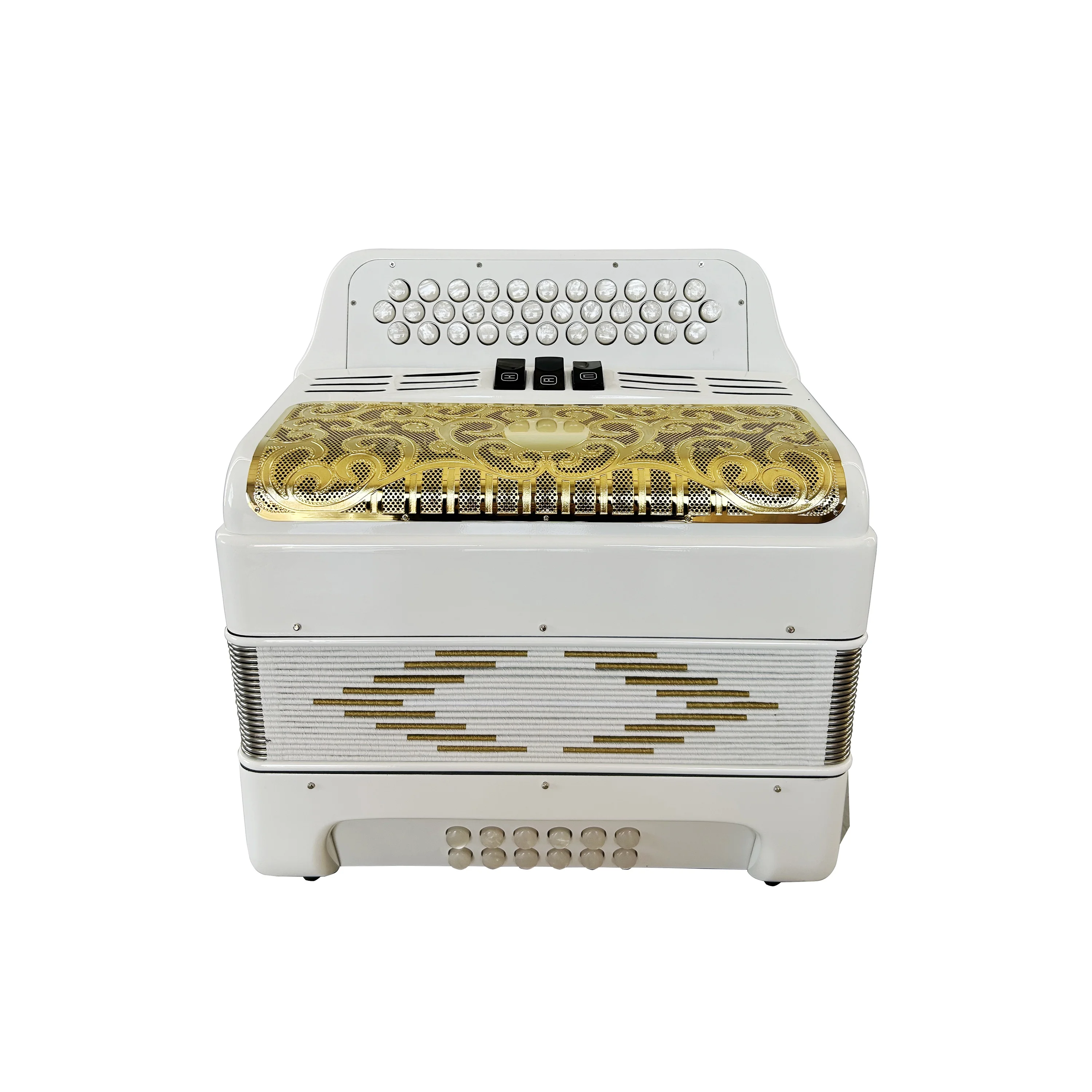 Diatonic 12 Bass 34-Button Accordion Instrument With Gold Grill & White Buttons JB3412C Acordeon With Bright White Fan Figure