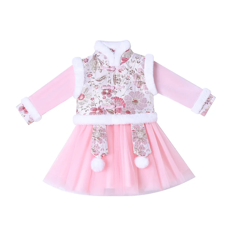 Kids Winter Chinese Traditional Cheongsam Costume Dress Girls Floral Qipao Princess Party Elegant Dress Chinese New Year Clothes