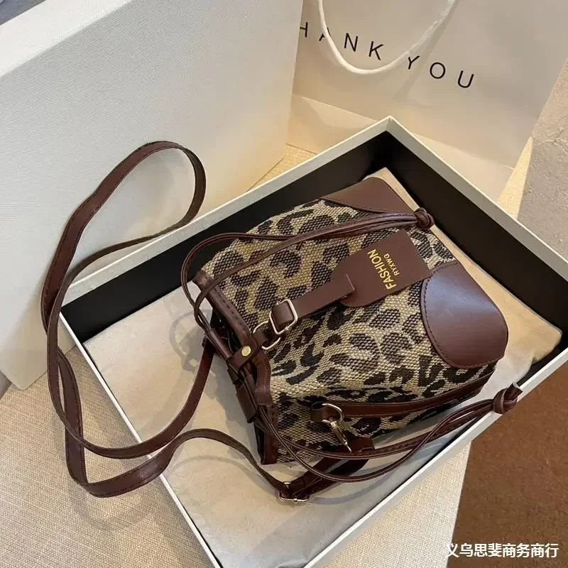 Leopard Small PU Leather Women Bucket Crossbody Bags 2024 Fall Designer Shoulder Bag Luxury Brand Ladies Handbag Lady Trend Tote