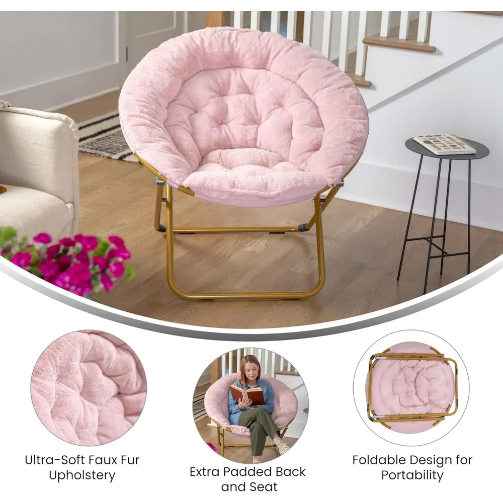 كرسي محمول قابل للطي من الفرو الصناعي كبير الحجم للمساكن وغرف النوم، إطار ذهبي ناعم، فرو صناعي أحمر الخدود، مثالي للراحة #5