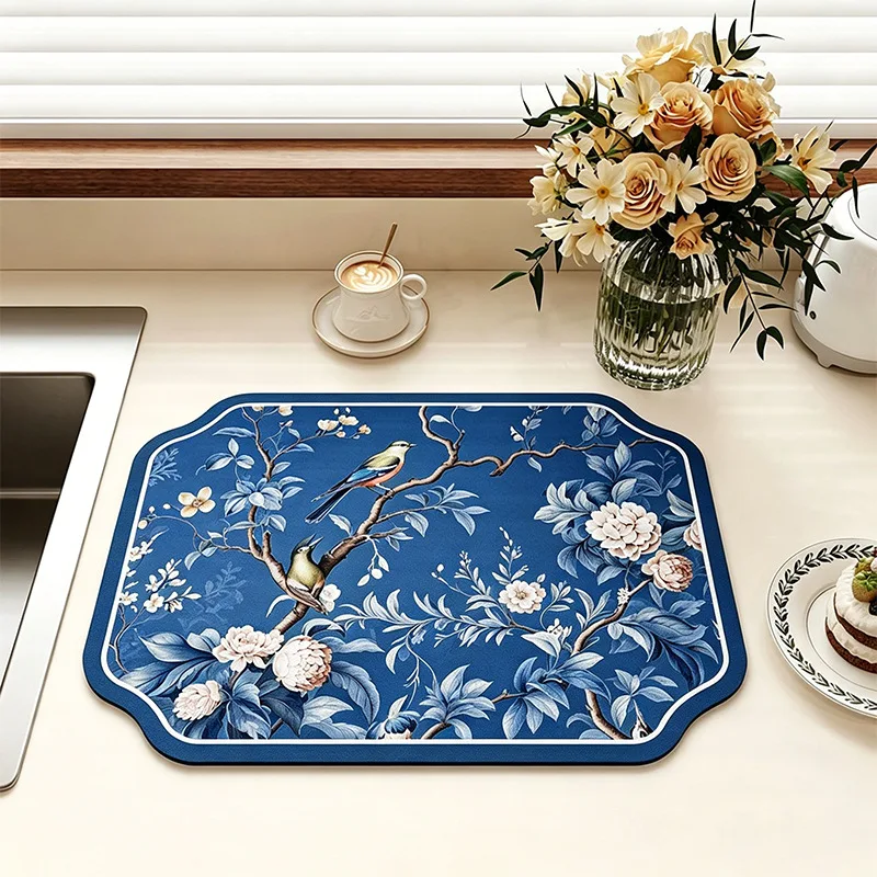 VIKAMA deep blue bird flower super absorbent drain mat peony branch chinese classical stove top countertop kitchen pad Home
