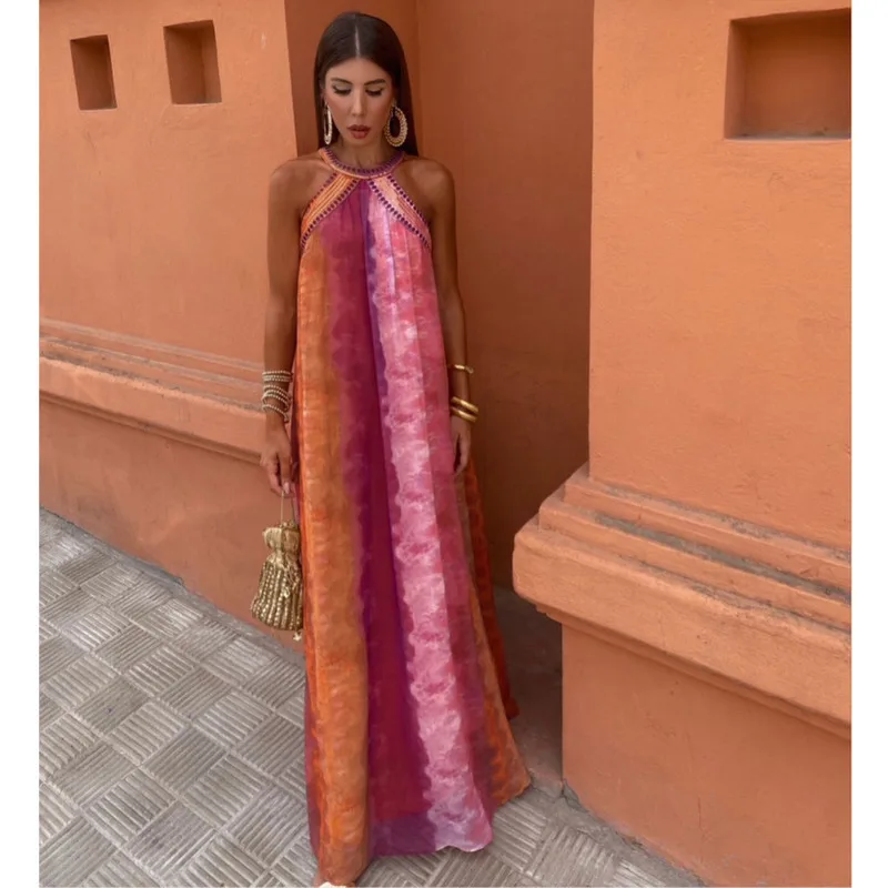 

Women Summer Tie Dye Print Halter Maxi Dress Fashion O Neck Backless Off Shoulder Long Dress New Lady Vacation High Street Robes