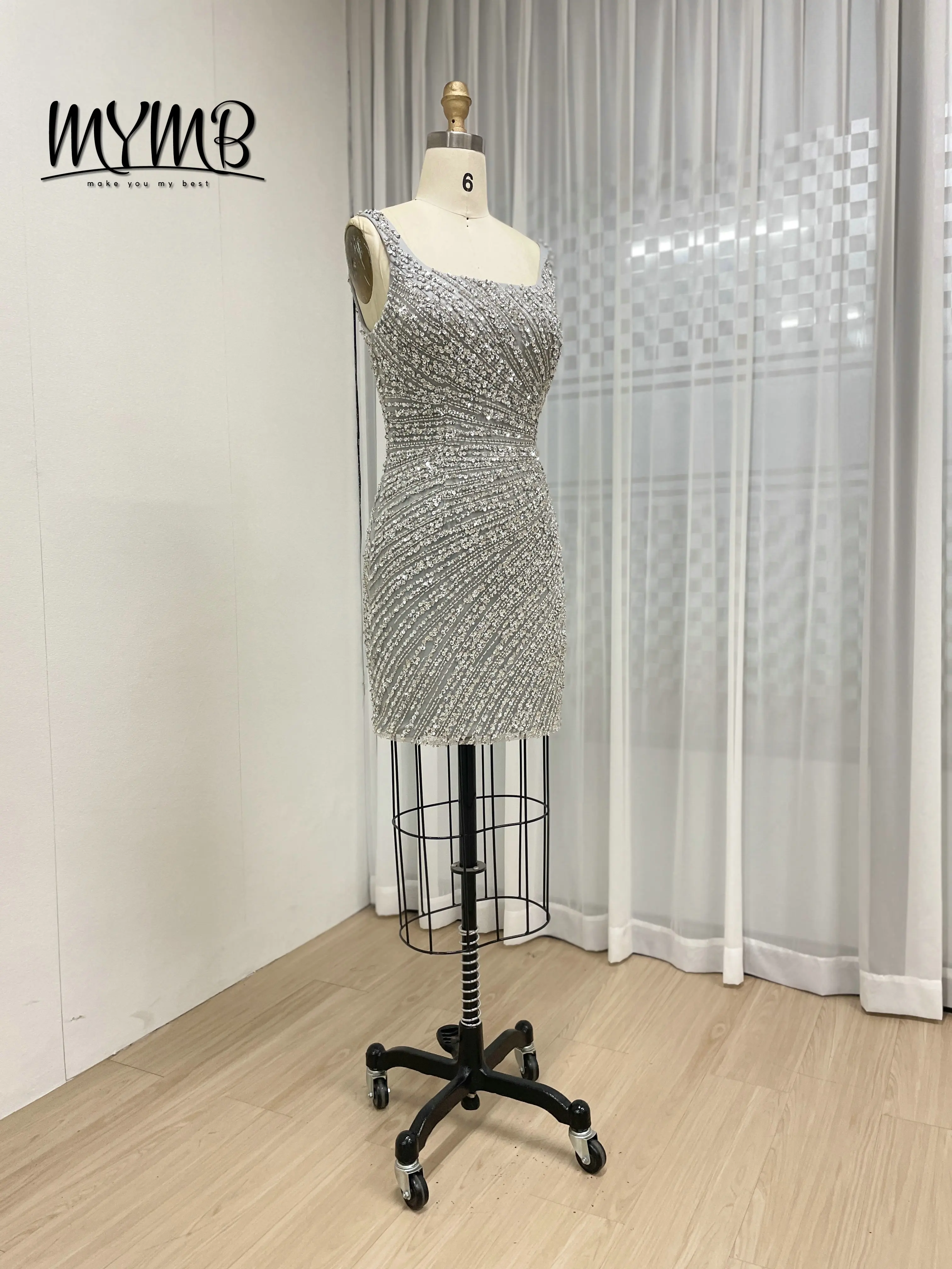 MYMB Luxe zilveren couture kralen ronde hals sexy korte trouwjurk met mesh trein avondjurk prom afstuderen ASU2020-08S