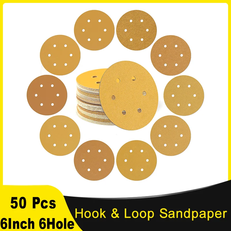 

6 Inch Hook and Loop Sandpaper Kit 50 Pack 6 Holes Assorted Grits 40-600 Grit Ideal for Orbital Sanders in Automotive and Wood