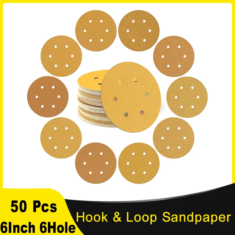 6 Inch Hook and Loop Sandpaper Kit 50 Pack 6 Holes Assorted Grits 40-600 Grit Ideal for Orbital Sanders in Automotive and Wood