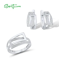 SANTUZZA Silver Jewelry Set For Woman 925 Sterling Silver Sparkling White Cubic Zirconia Ring Earrings Set Classic Fine Jewelry