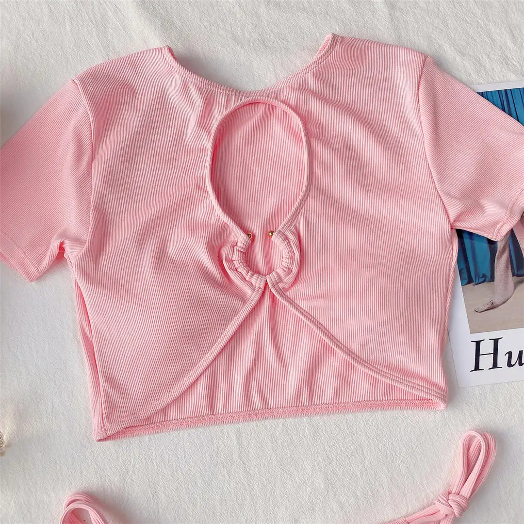 Sexy gerippter Bikini mit hohem Halsausschnitt und kurzen Ärmeln, Damen-Badeanzug, zweiteiliges Bikini-Set, Badebekleidung, Badeanzug, Schwimmanzug V3036 – Detail 9