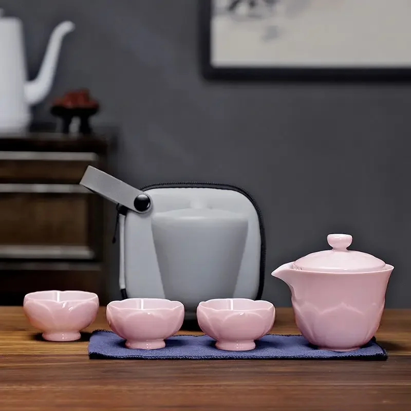 Travel Lotus-shaped Tea Set, Portable Bag, 1 Teapot, 3 Teacups, Quick-service Cup, Car-mounted Outdoor Portable  Gongfu Teaware