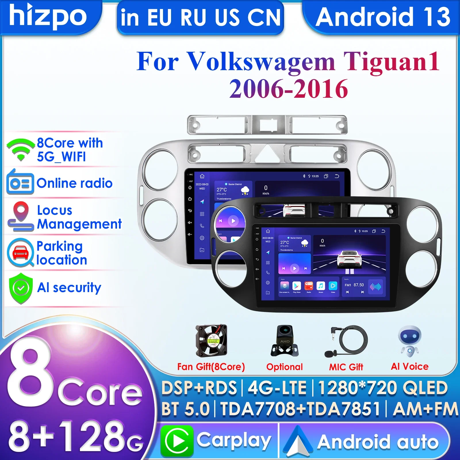 Hizpo 360 Camera 9 Inch Carplay 4G 2 Din Android 13 Car Radio for VW Volkswagen Tiguan 1 NF Multimedia Video Player GPS DSP WIFI