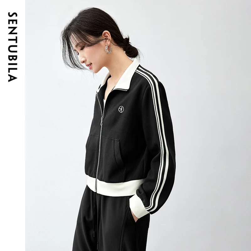 SENTUBILA Casual zwarte jassen voor dames Katoen 202 Winter Los patchwork Gesplitst Kraagvorm Rits Sportjas 143W56386