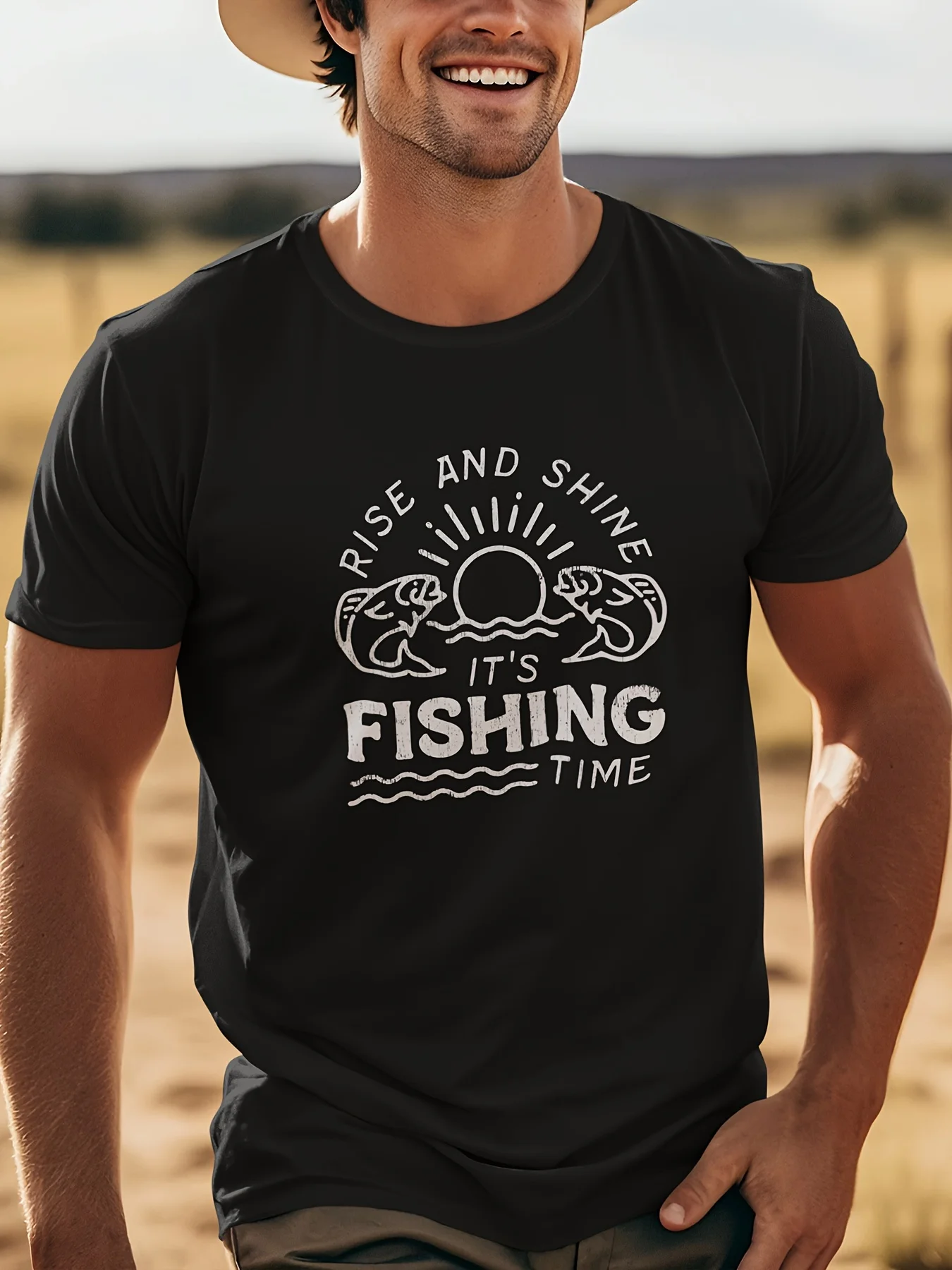 

Men's 100% Cotton Graphic T-Shirt - "Rise and Shine It's Fishing Time" Design, Breathable & Comfortable Casual Sportswear